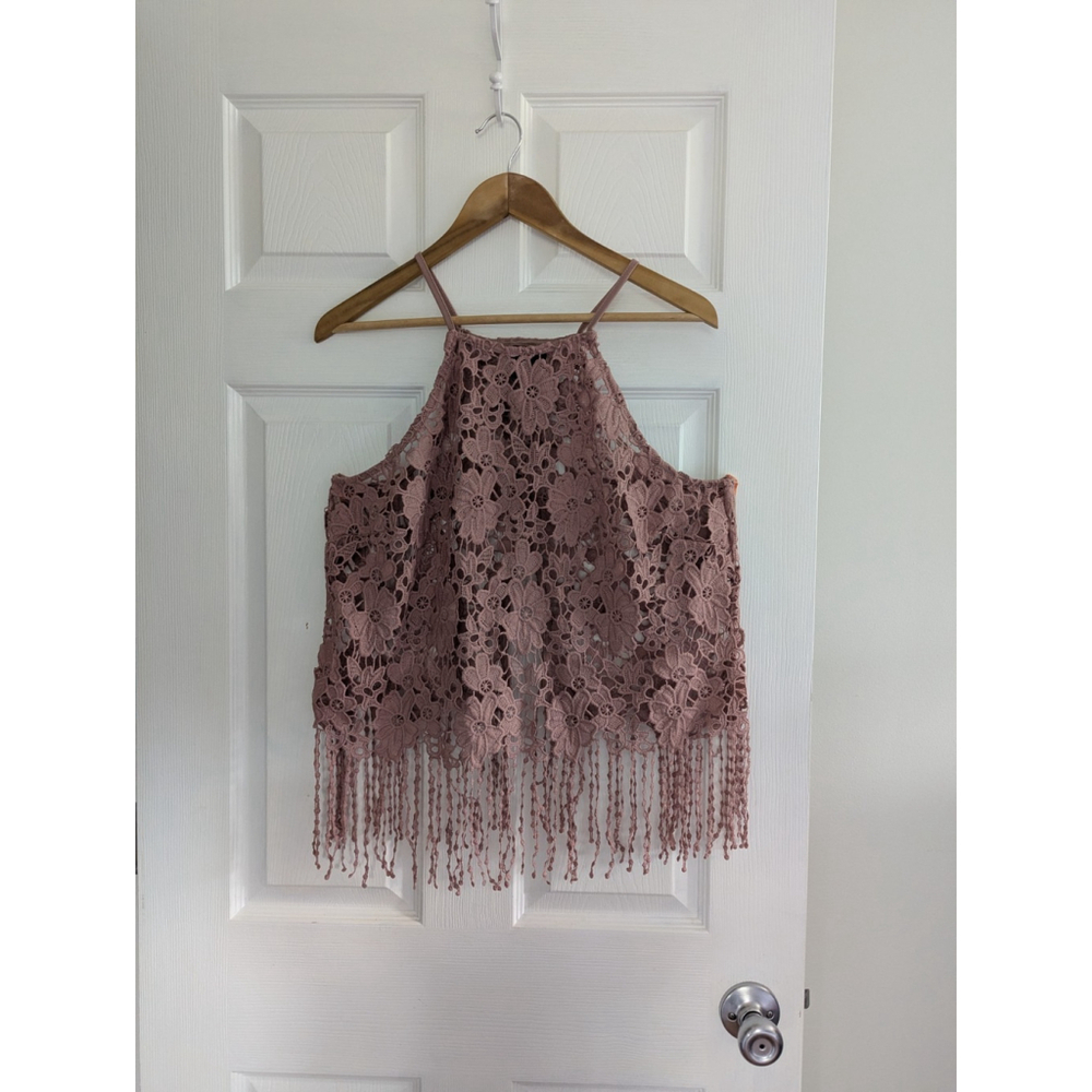 Mauve Open Crochet Fly Away Back Fringe Top Sz XL Boho Festival Hippie Fairy